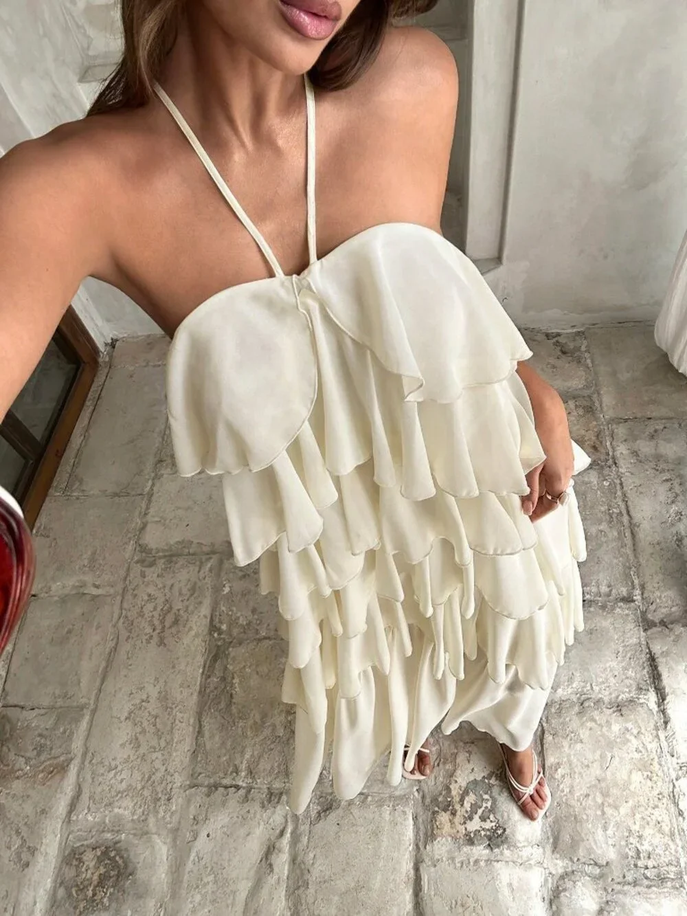 Apricot Boho Women's Elegant Romantic Layered Ruffle Halter Dress - Picture 5 of 7